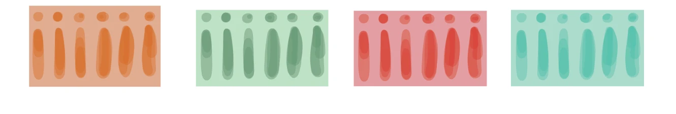 The four colourways of the collection — orange, green, red, and teal — shown as vertical brush strokes
