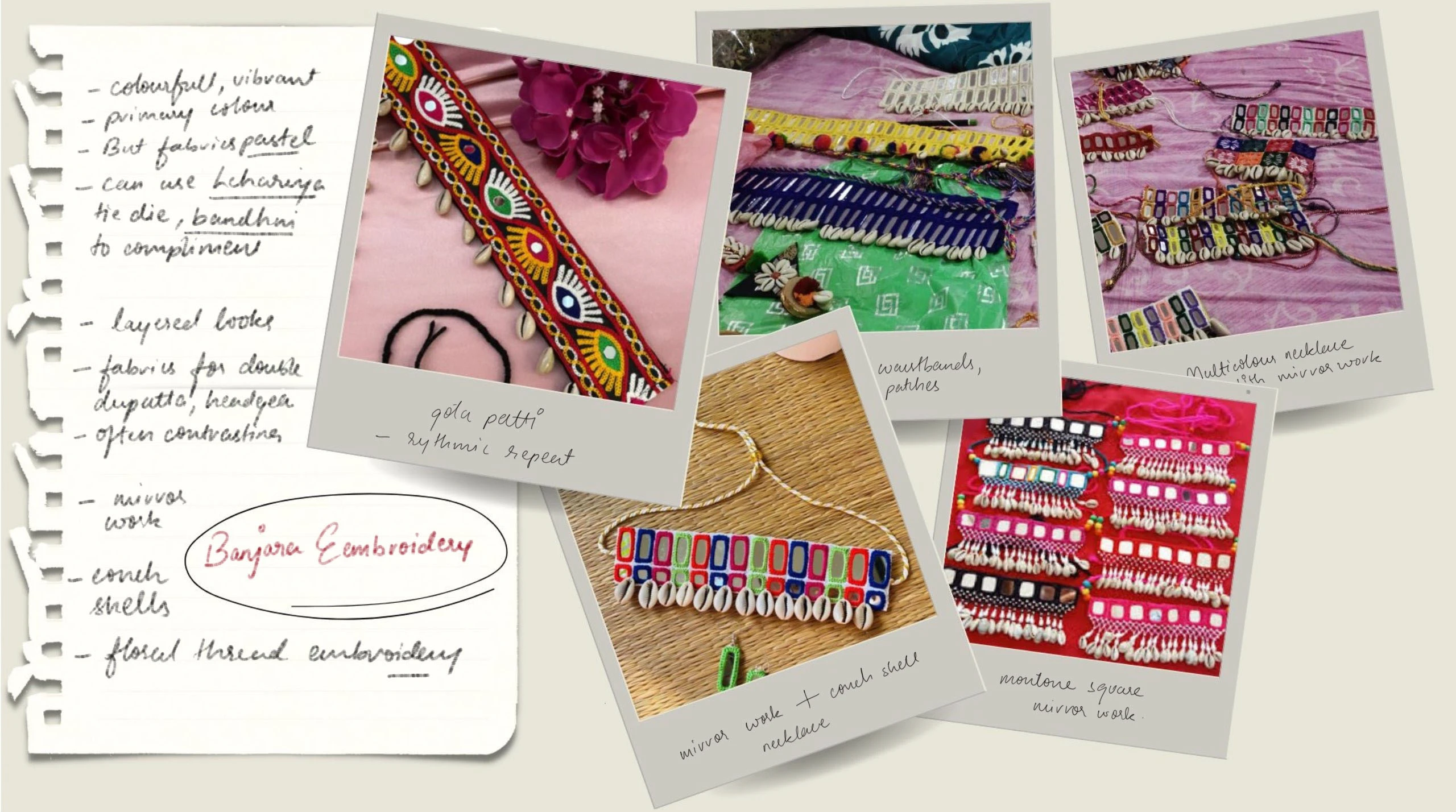 Banjara embroidery inspiration board — gota patti, mirror work, cowrie-shell necklaces, and notes