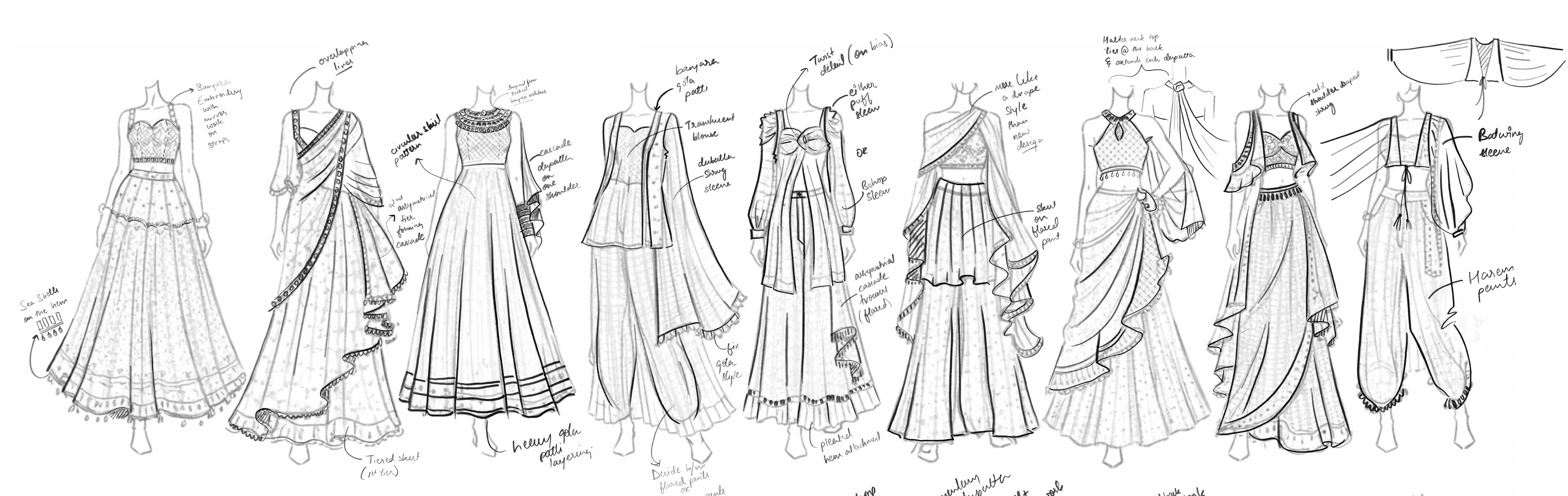 Technical flat sketches of the collection's garments, line drawings with notes