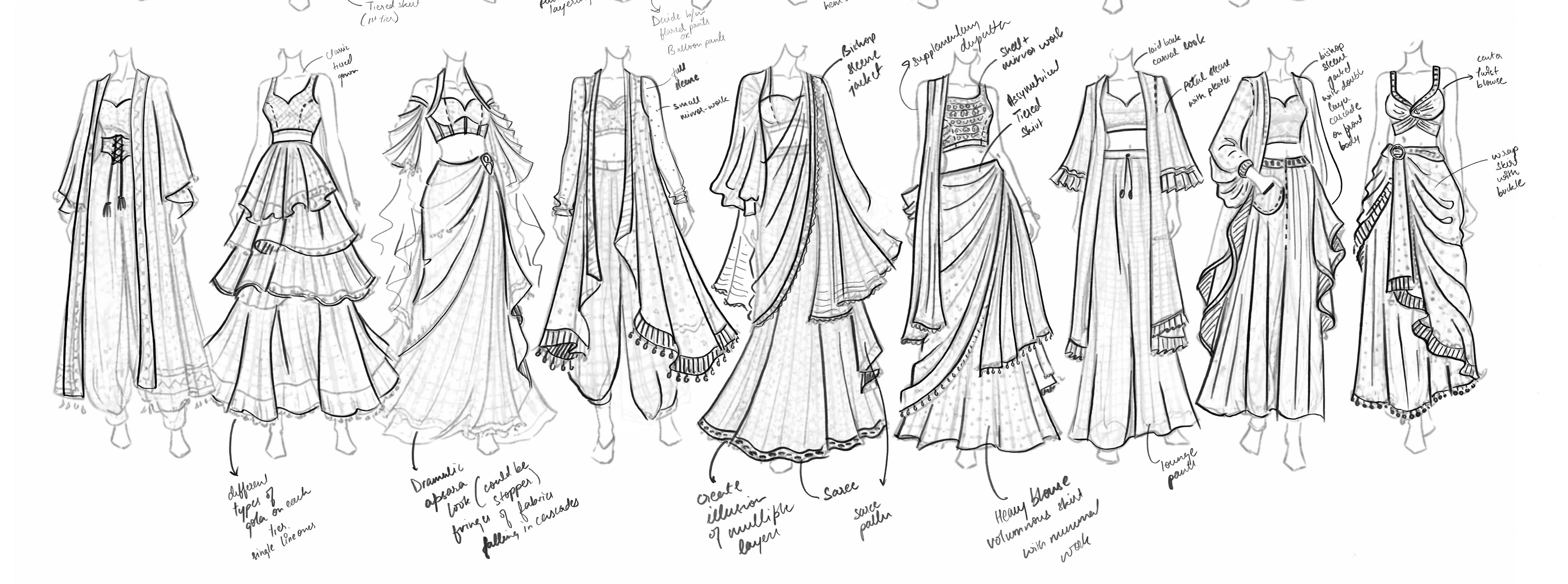 Second row of technical flat sketches with construction notes