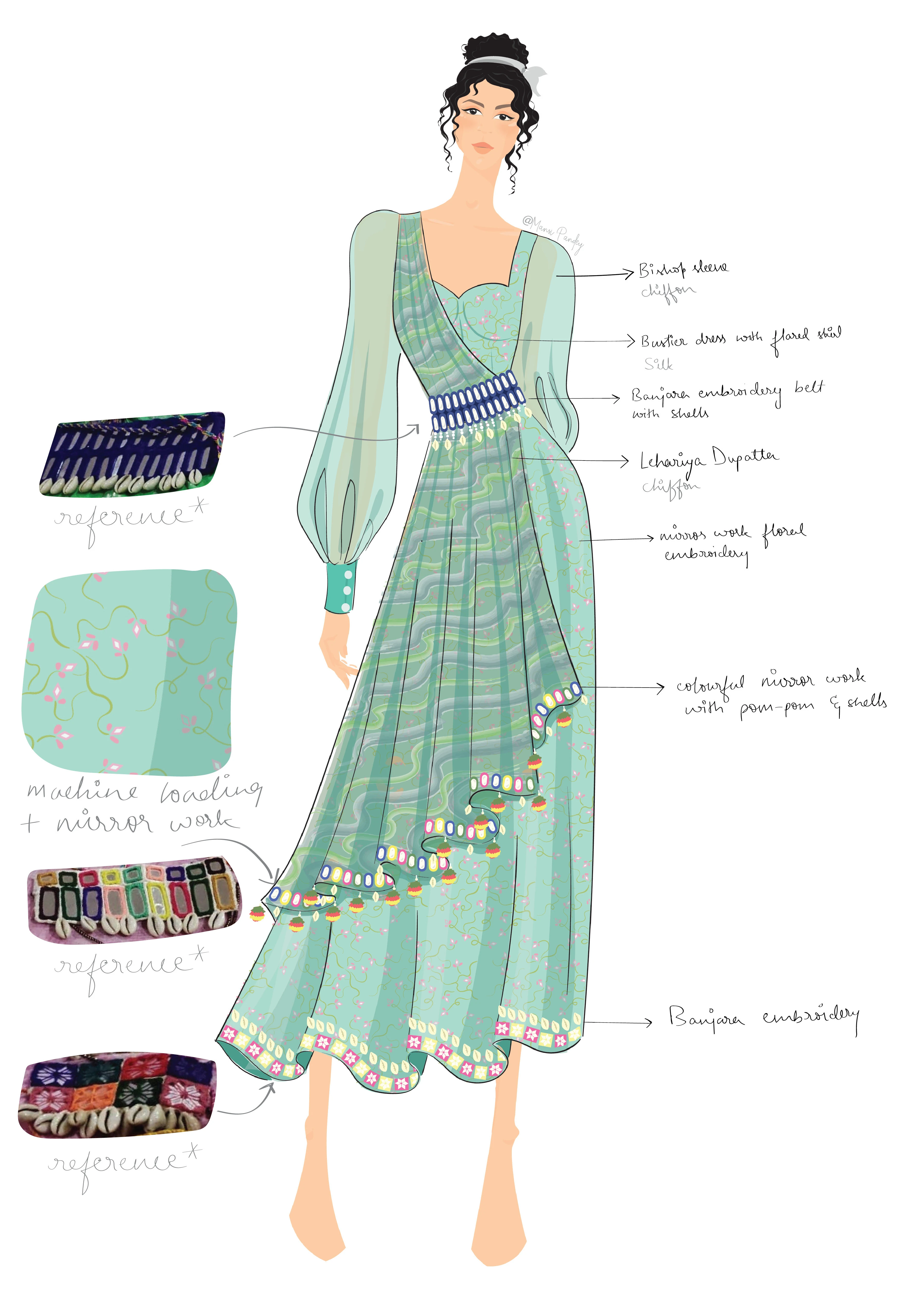 Look render — mint chiffon dress with a Banjara mirror-work belt and floral mirror embroidery