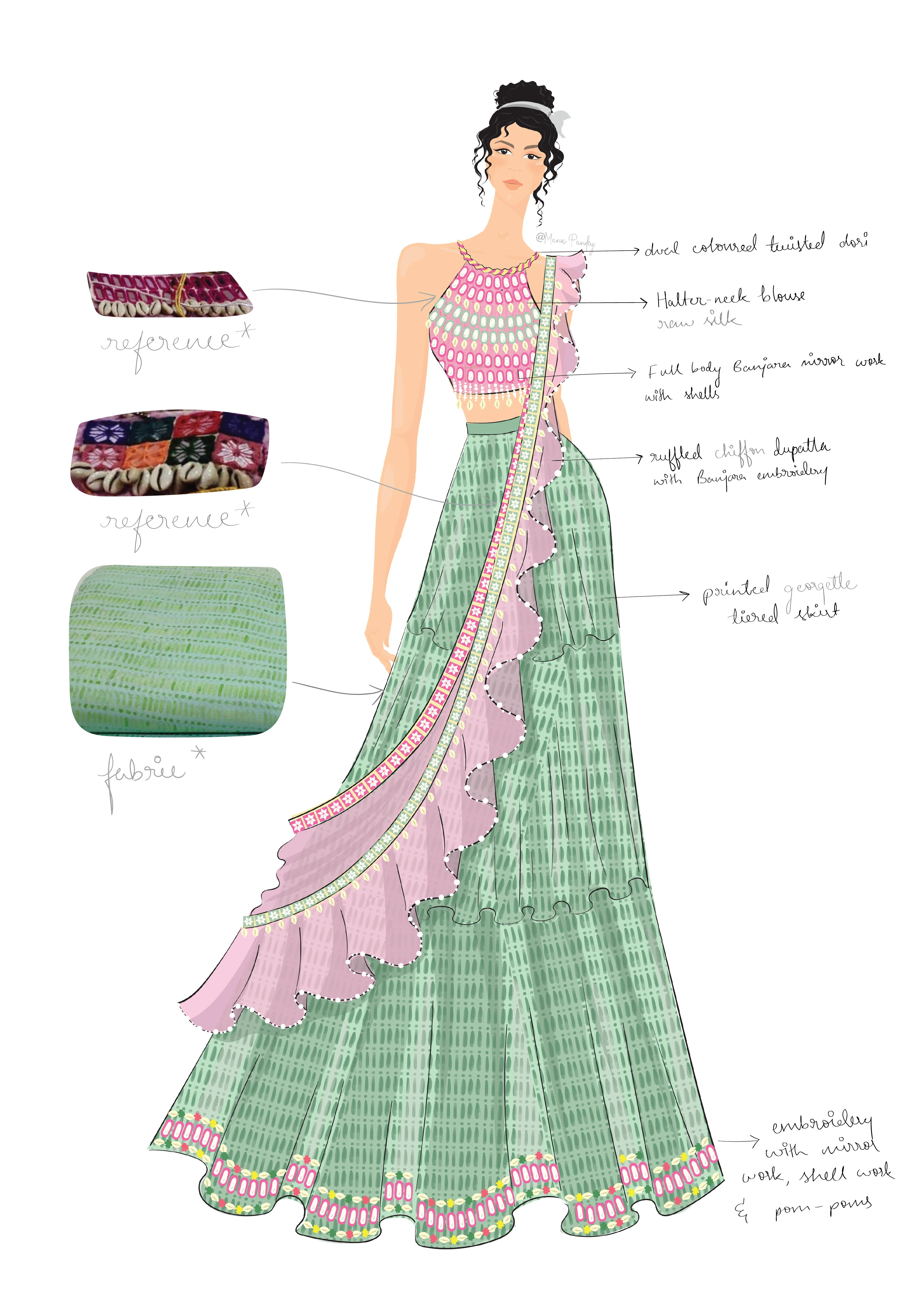 Look render — green tiered lehenga with a ruffled pink chiffon dupatta