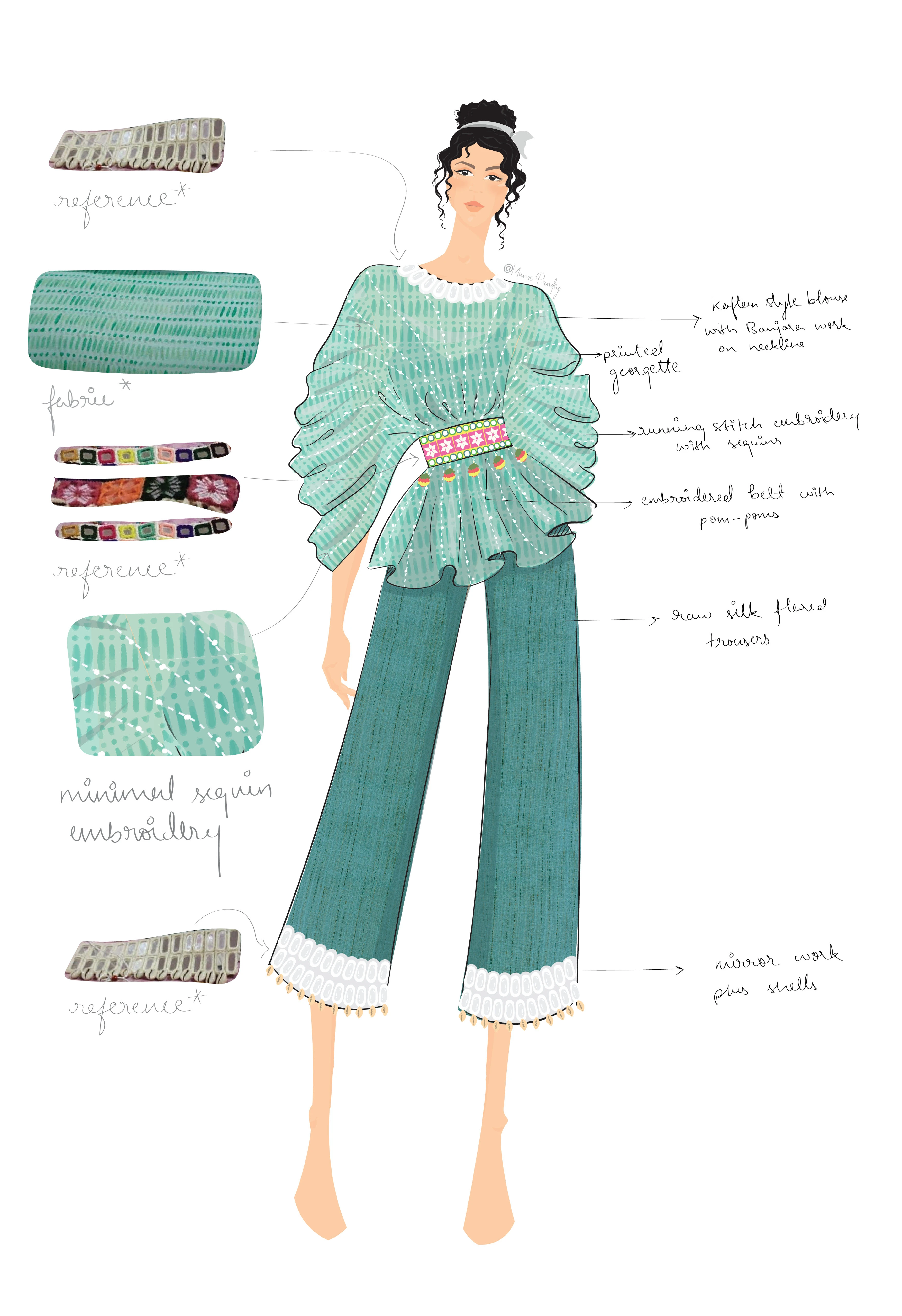 Look render — mint mirror-work top with raw-silk floral trousers
