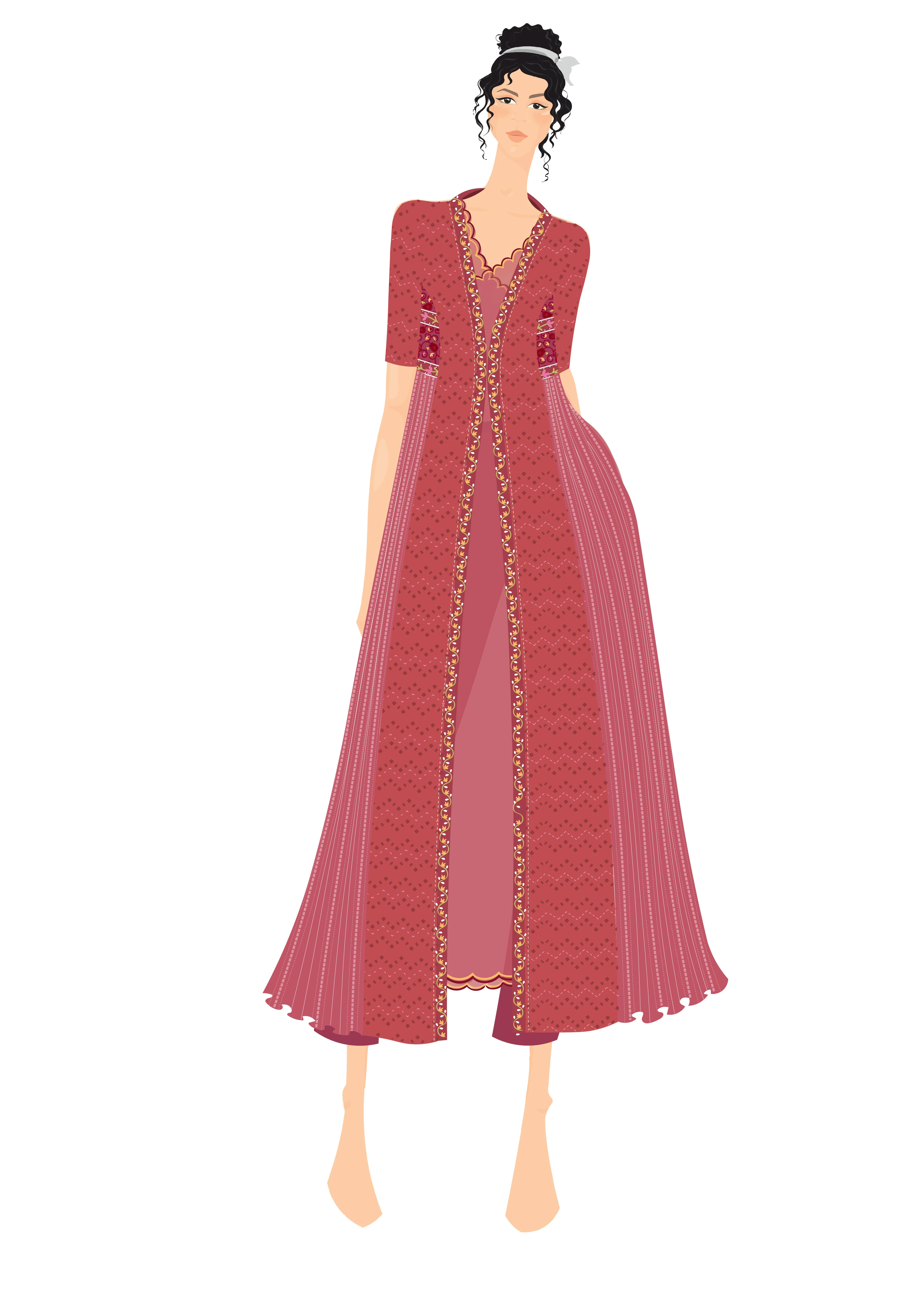 Look render — crimson schifli jacket dress with chevron thread embroidery