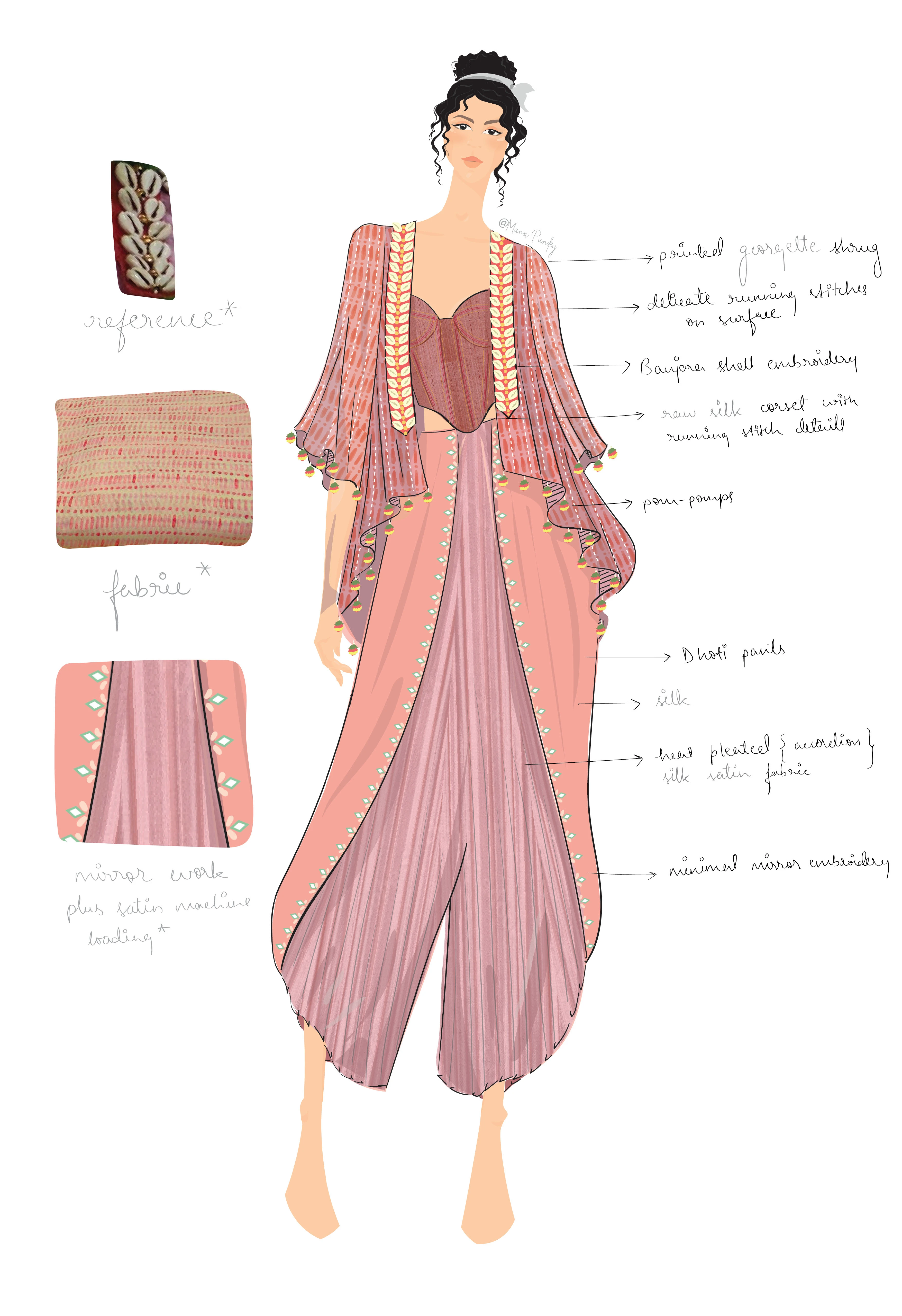 Look render — pleated cape over draped silk pants with minimal mirror embroidery
