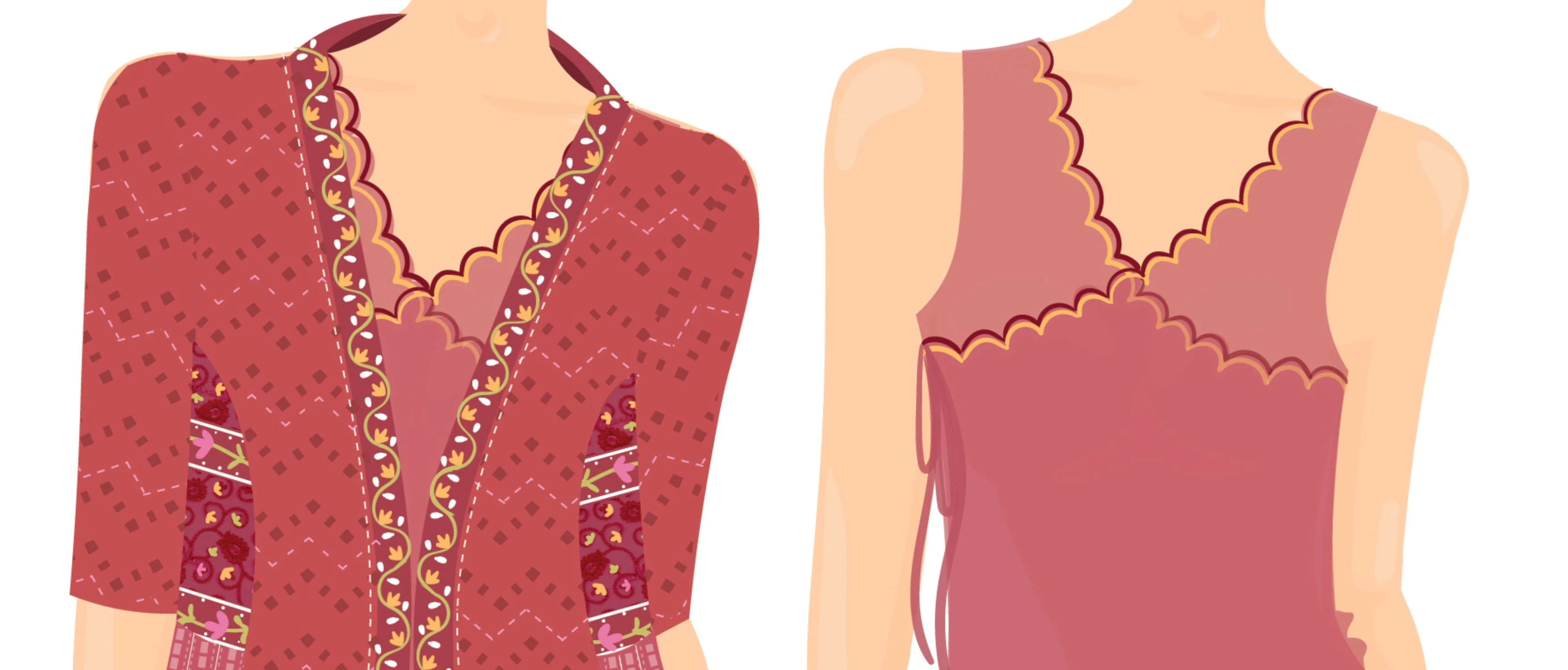 Close-up details of two necklines showing scalloped hems and Banjara thread embroidery