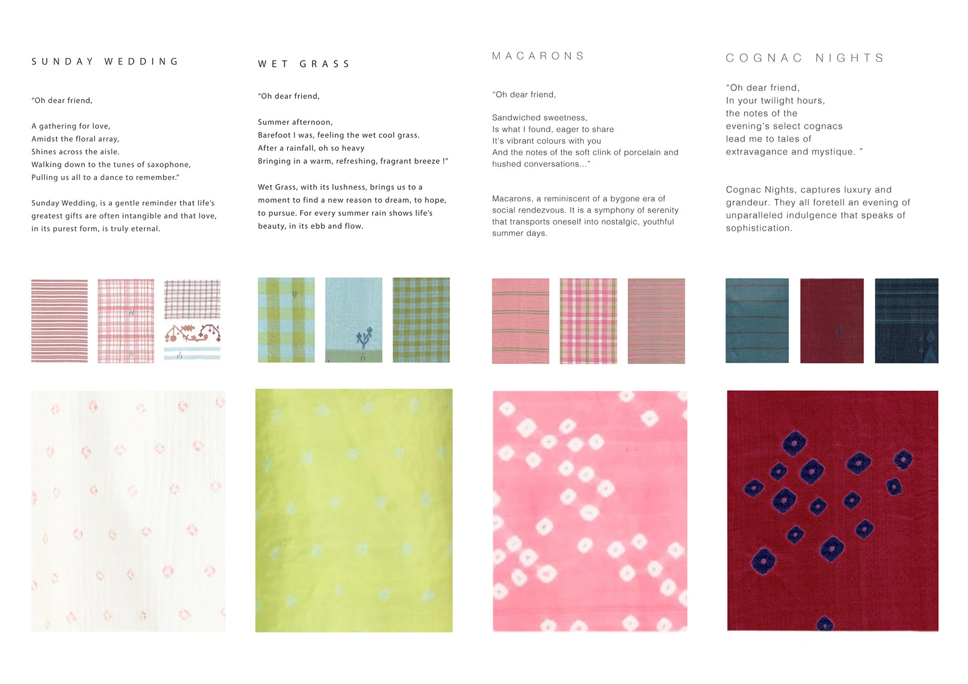 Concept spread: four fabric stories — Sunday Wedding, Wet Grass, Macarons, Cognac Nights — each with a short verse and fabric swatches