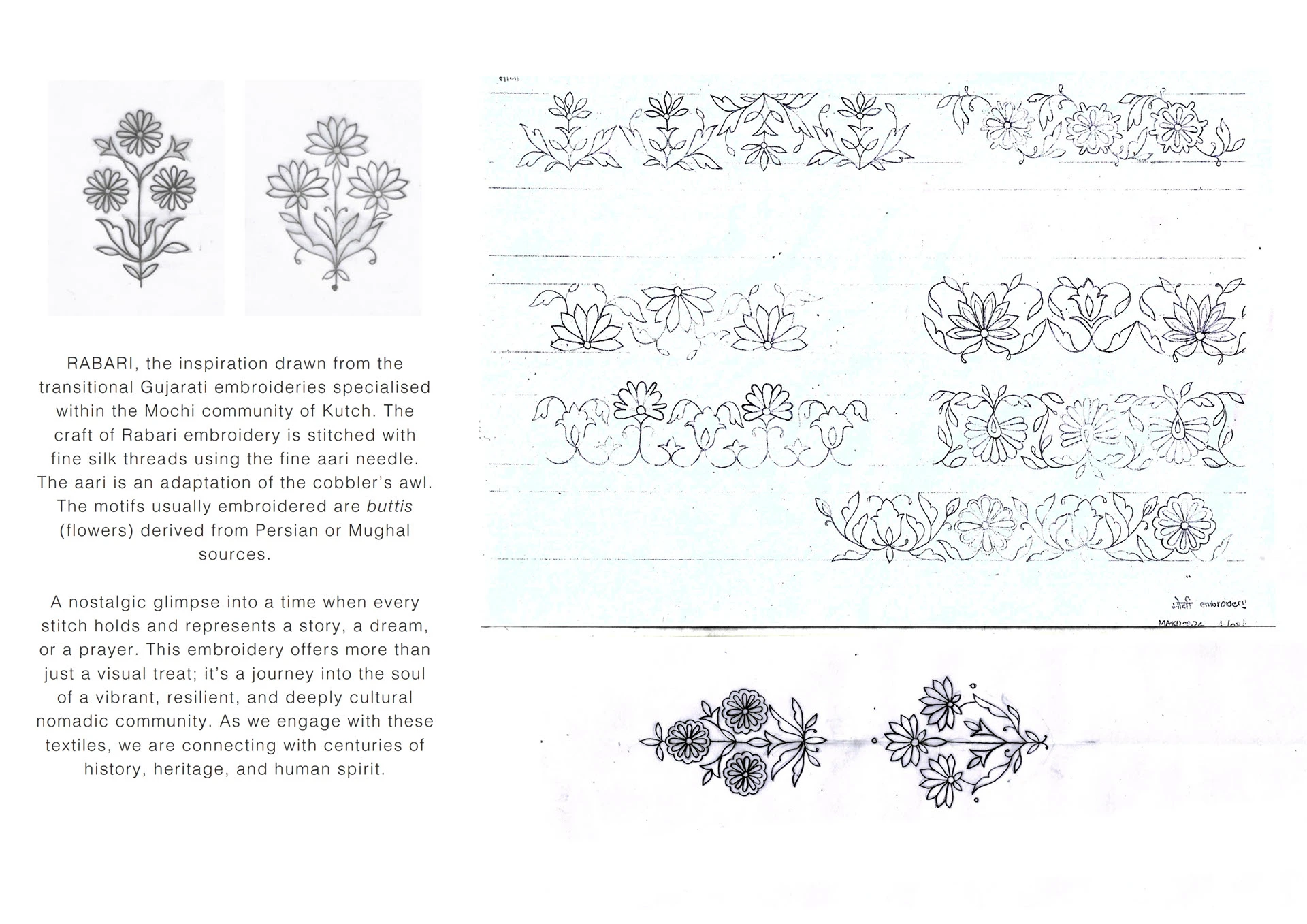 Inspiration spread on Rabari embroidery from the Mochi community of Kutch, with line-drawn floral motifs