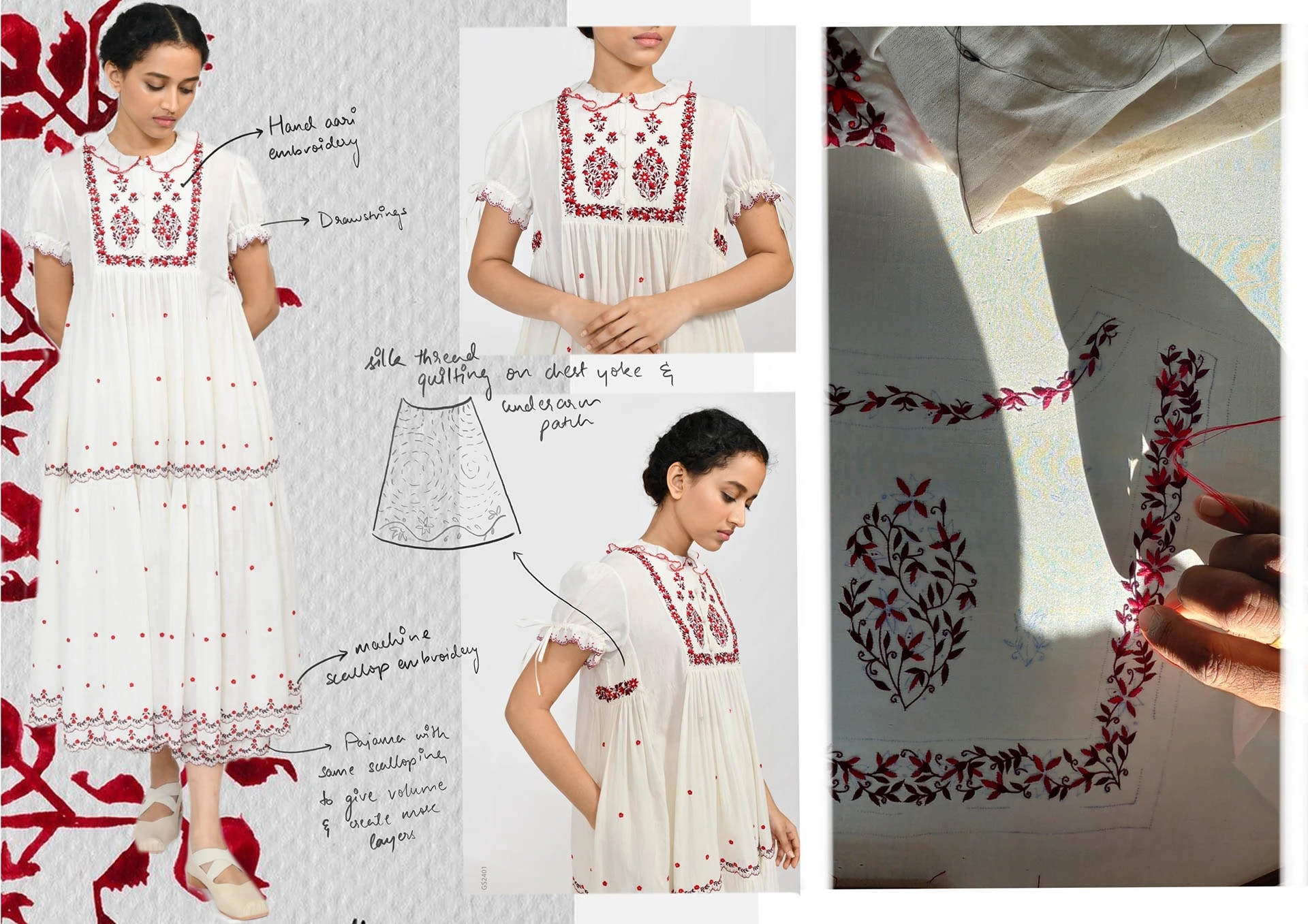 Design development of a white dress with red embroidery — sketches, annotations, and a fabric detail