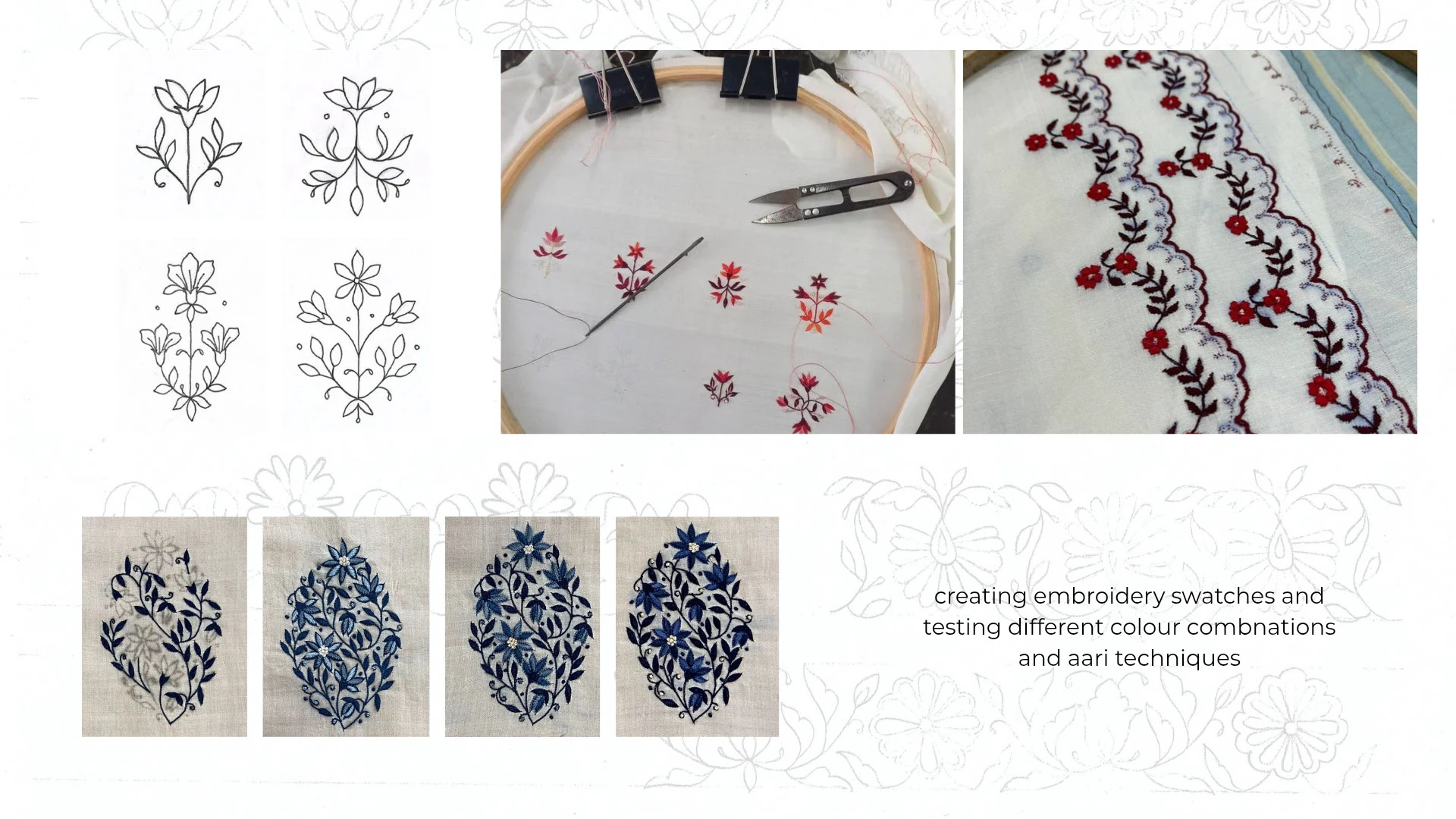 Embroidery sampling — a hoop with needle and thread, floral motifs, and colour swatches