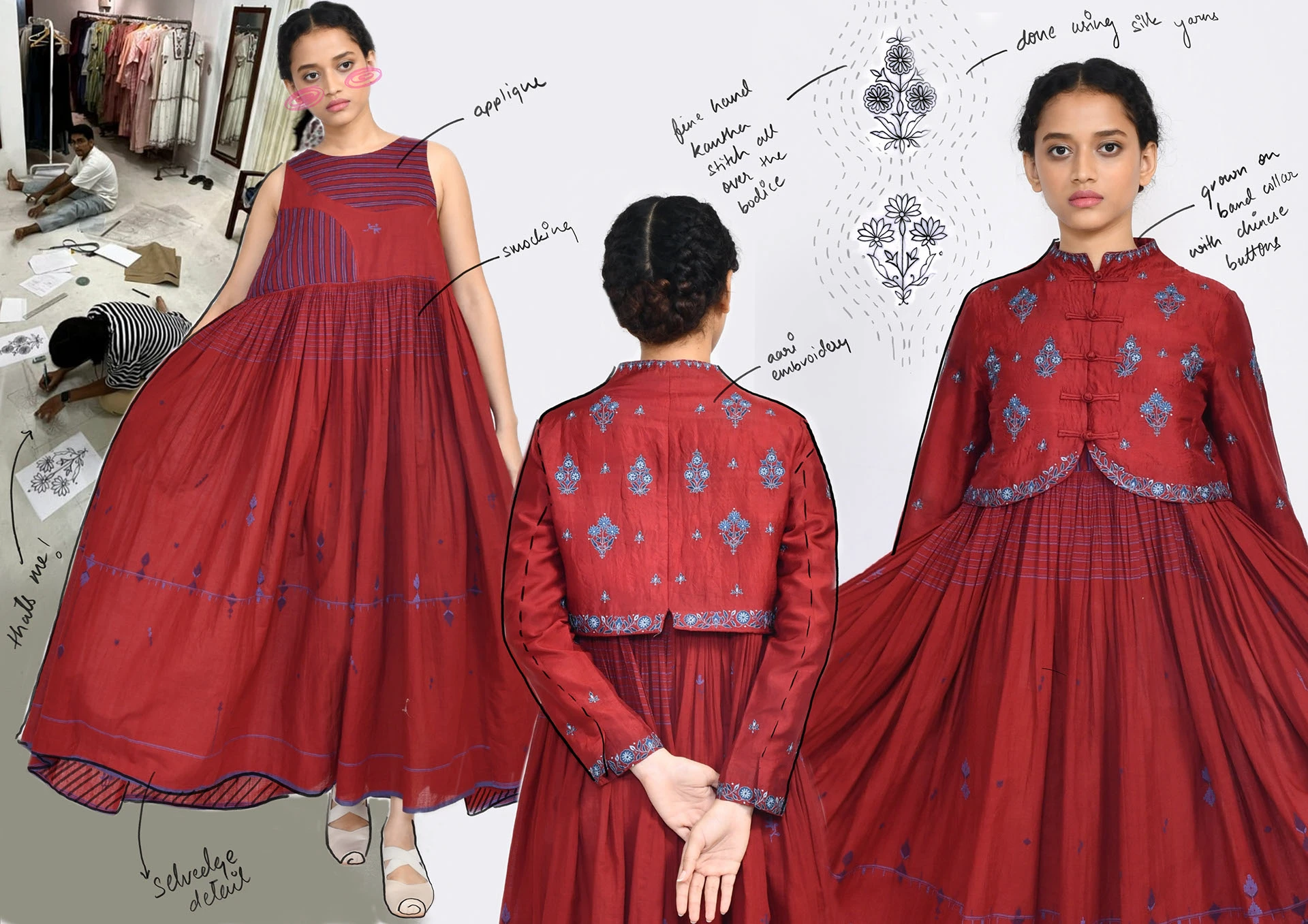 Maroon handloom co-ord with cropped jacket shown front, back, and in detail alongside construction notes