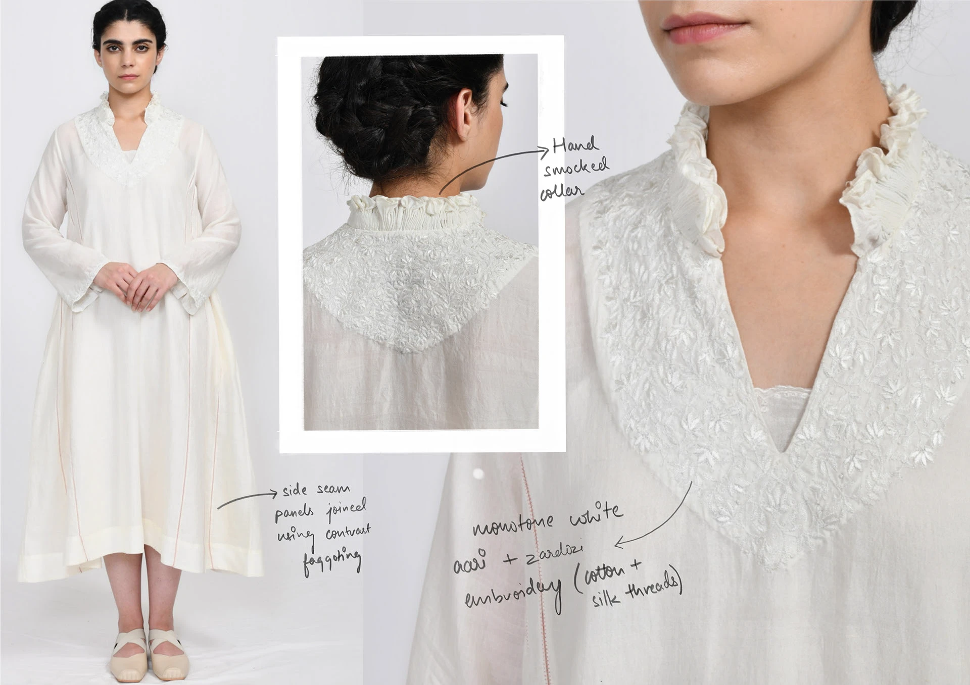 Moonstone-white dress with a hand-smocked collar, shown with annotations on pockets and finishing