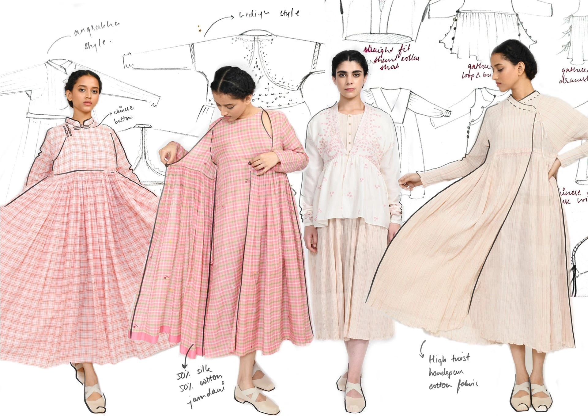 Toiles and flat sketches — pink check, white top, and beige looks photographed against the technical drawings