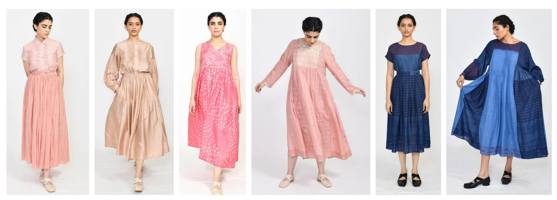 Line-up of six looks photographed on models — pink, peach, pink bandhani, panelled pink, navy, and blue