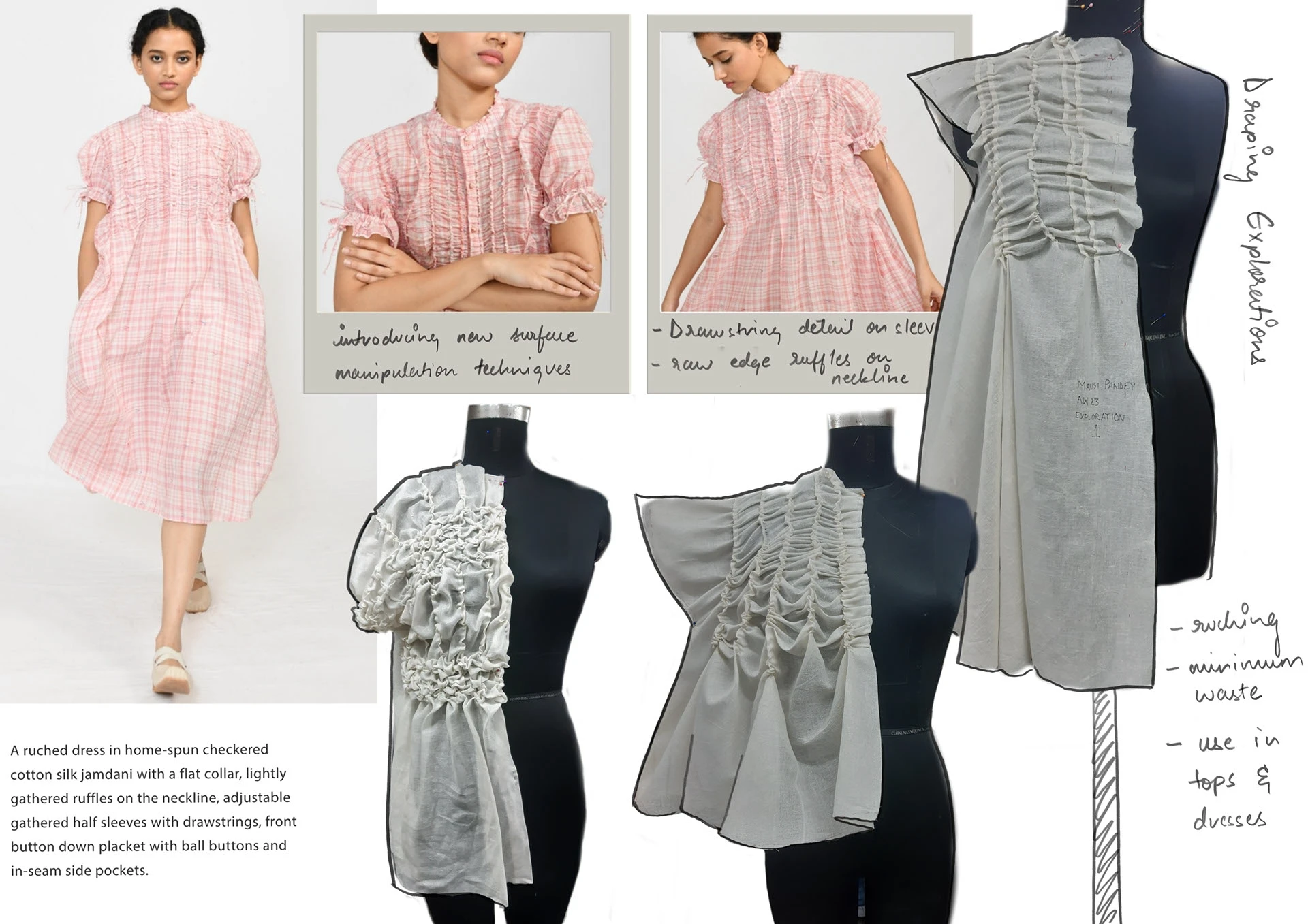 Pink checkered smock dress shown front, side, and back with notes on smocking and gather manipulation