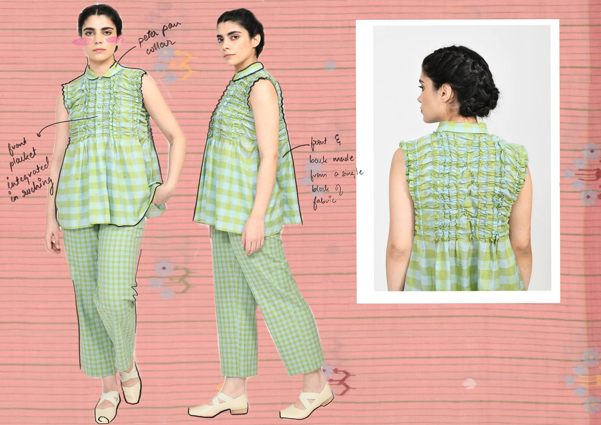 Green gingham co-ord — peter-pan-collar top and trousers — front, side, and back with construction notes