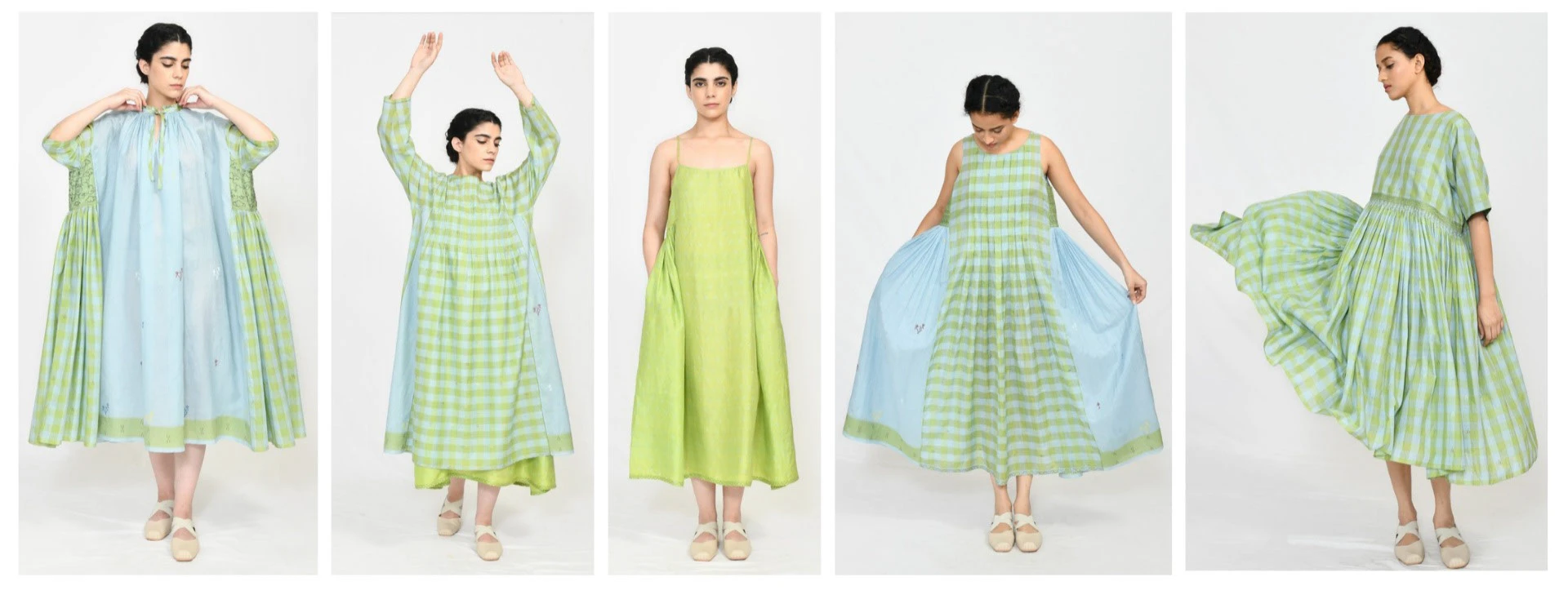 Line-up of five looks in greens and blues photographed on models