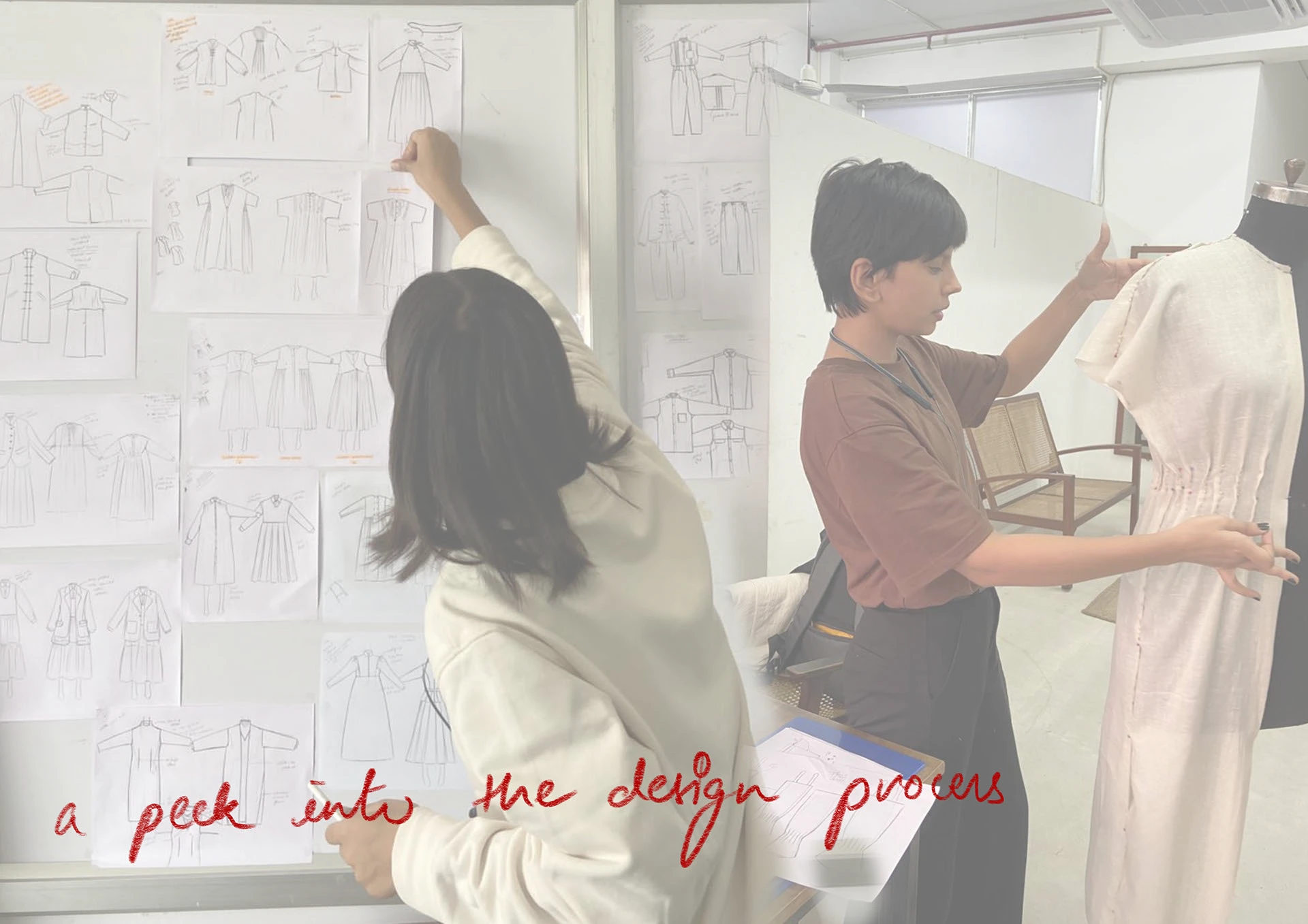 A peek into the design process — the designer pinning a toile on a dress form beside a wall of sketches